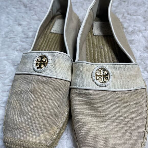 Tory Burch Canvas Khaki & beige espadrilles slip on gold tone logo accent SZ9.5 - Picture 9 of 13